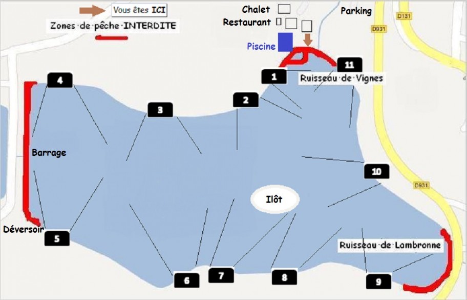 Plan du lac avec n°postes et zones pêche à la carpe